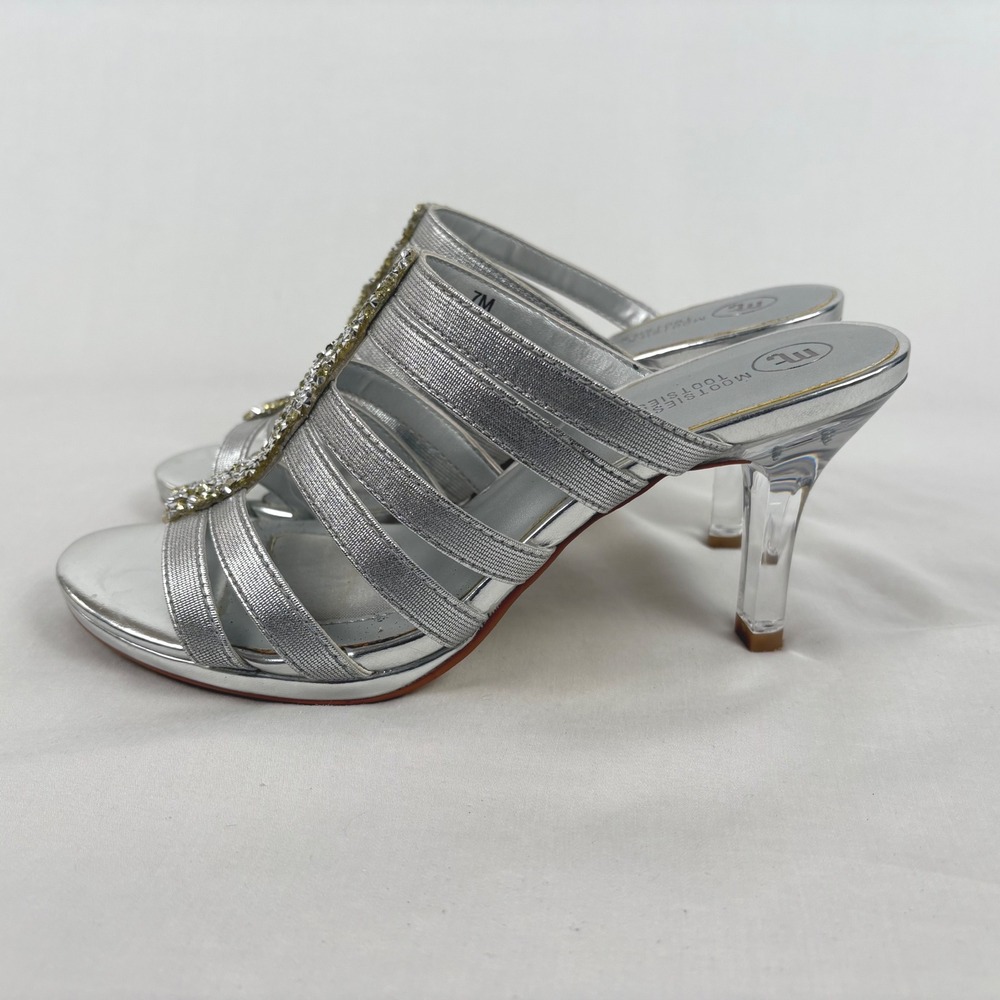 Mootsies Tootsies Harp Sandals 7M Silver Rhinestone Clear 3.5" Heel Glam Formal - Picture 4 of 8